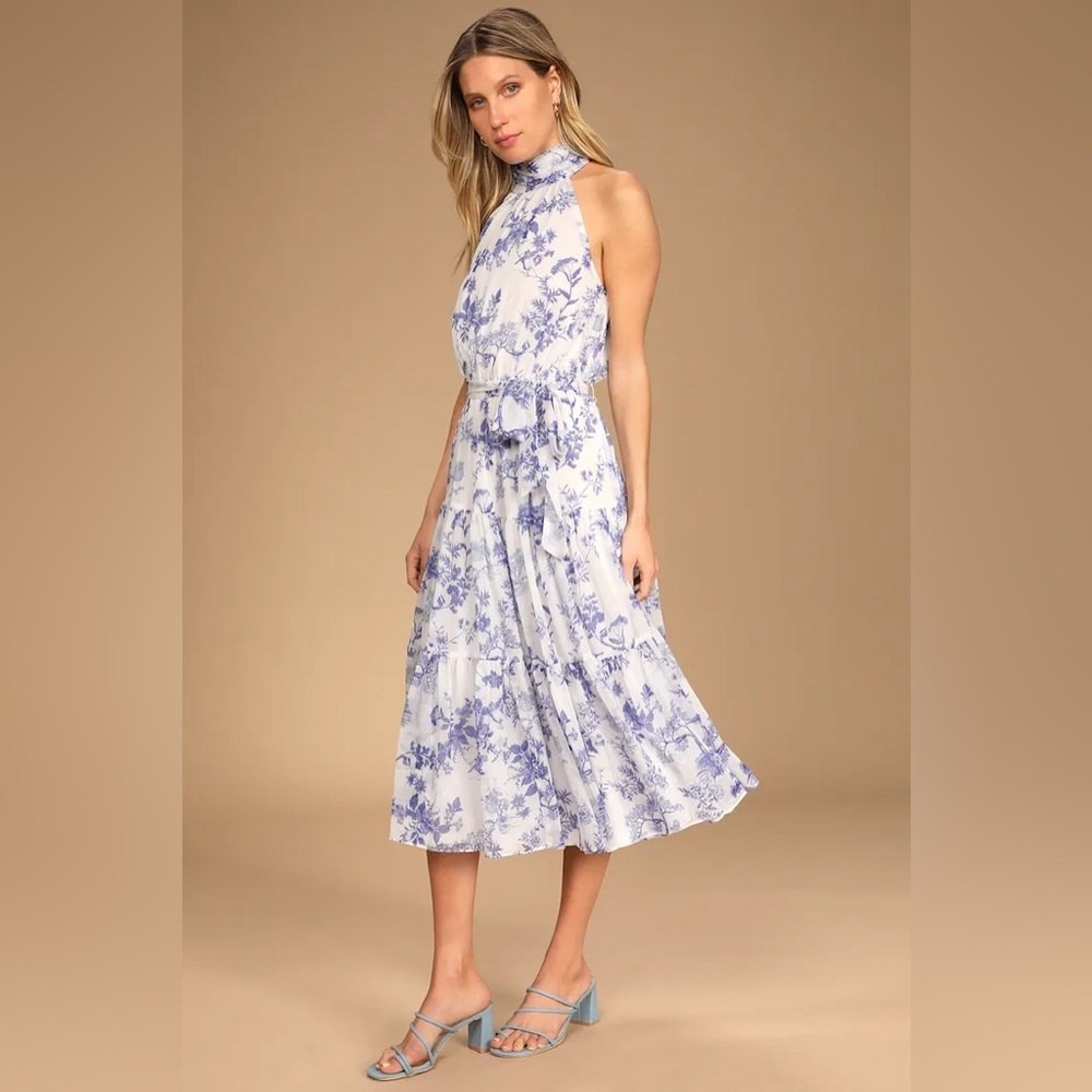 Lulus Float to You White Floral Print Halter Tiered Midi Dress